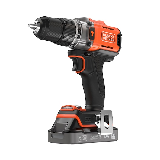 Front-side view of the BLACK+DECKER® POWERCONNECT™ 18V Cordless Hammer Drill.