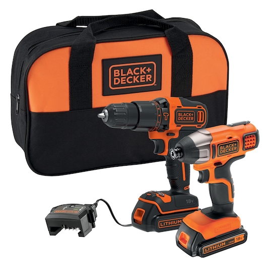 18V Hammer drill and 18V Impact Driver with 2 x 1.5Ah Batteries, 400mA Charger and Small Soft Bag